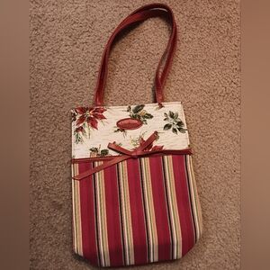 Longaberger Vintage Holiday Red & Cream Striped Floral Shoulder Bag